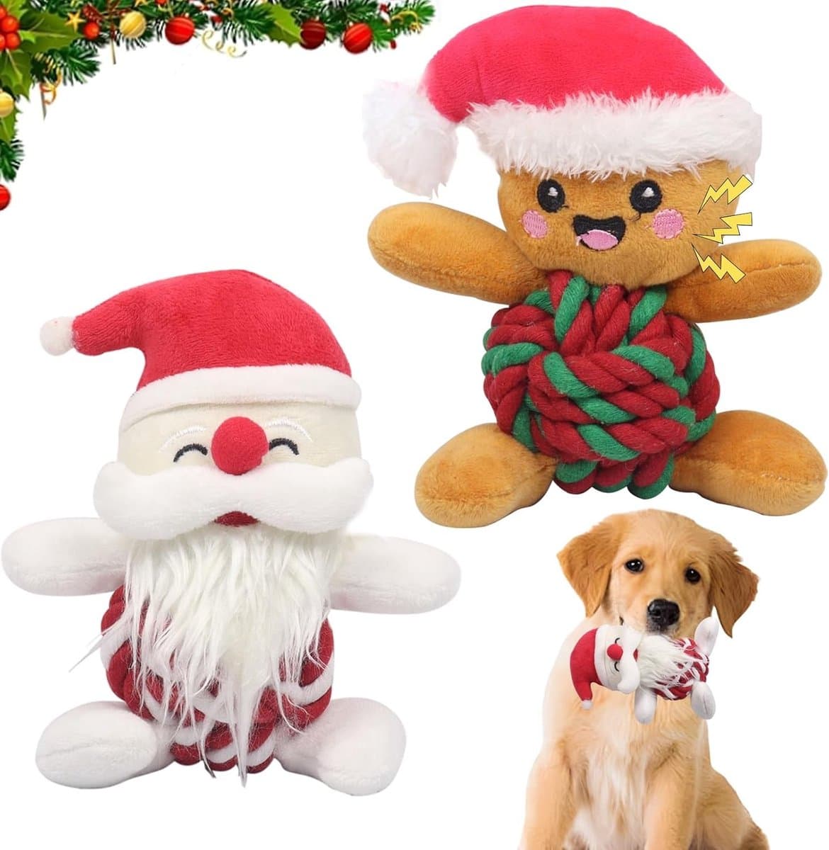 2-delige hondenspeelgoedset voor Kerstmis, interactieve knuffelspeeltjes, kauwspeeltjes voor puppy's en kleine honden