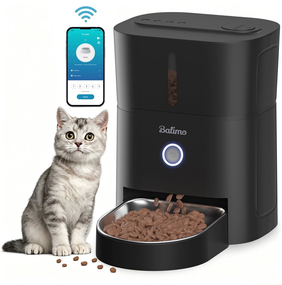 Balimo Slimme Voerautomaat - Automatische Voerbak Kat en Hond - 3 L Inhoud - WiFi + App Besturing - Voerdispenser - Droogvoer Huisdierenvoer - Zwart