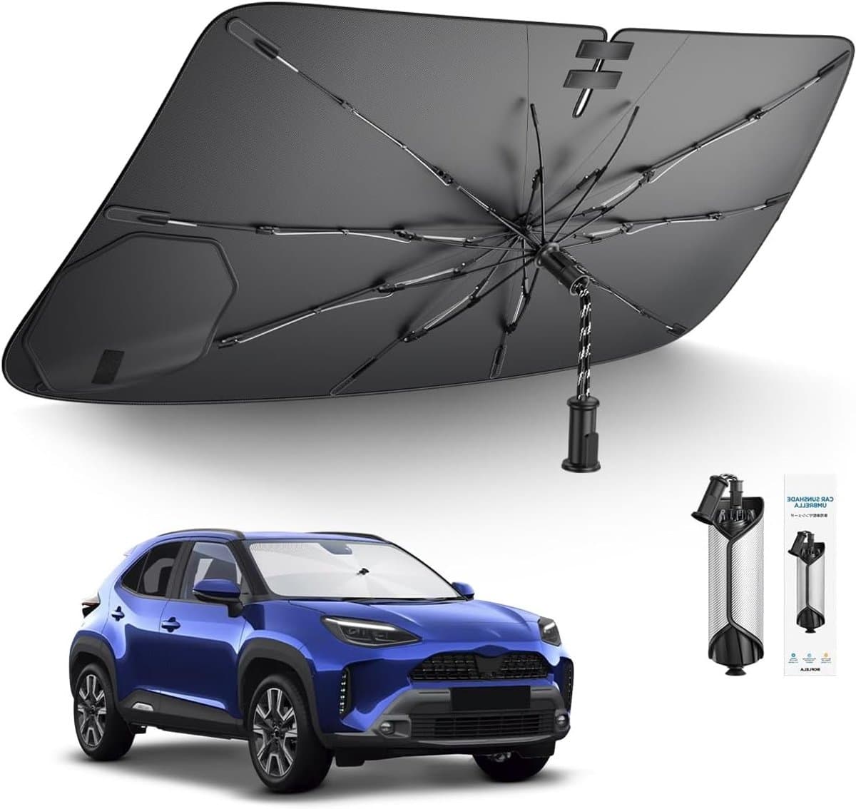 Zonwering voorruit voor Toyota Yaris Cross 2020-2025, opvouwbare zonneklep met UV-bescherming, trekkoord en koolstofvezelskelet voor optimale bescherming en comfort