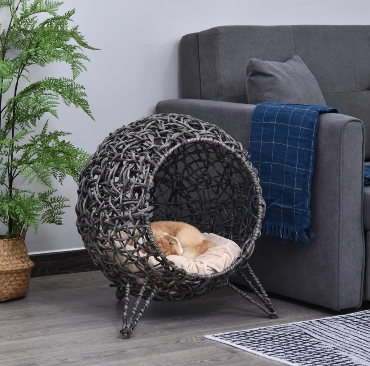 COVREO kattenhuis 52 x 58 cm zilvergrijs, rotan met kussen en verhoogde poten