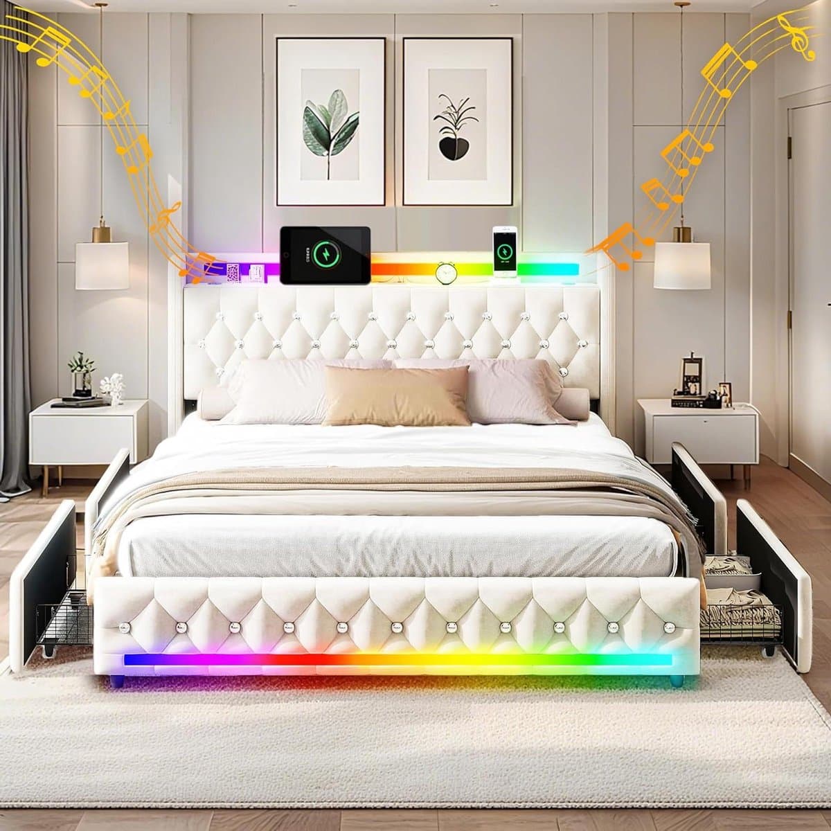 Gestoffeerd Bedframe - Modern Slaapmeubel - Comfortabel Slapen - Geïntegreerde Bluetooth Speaker - 140x200 cm - Beige