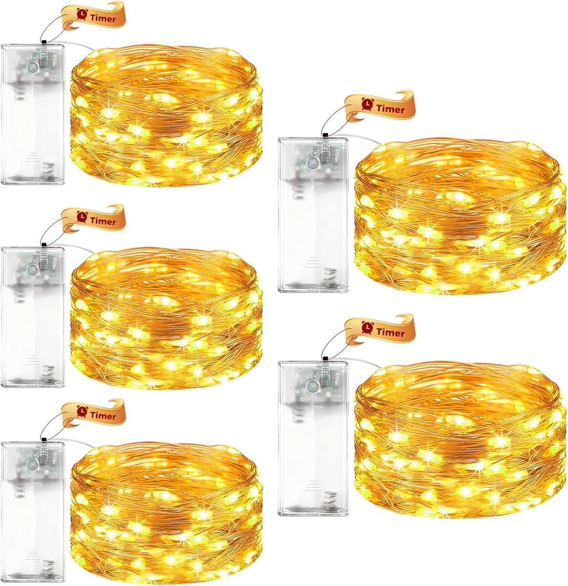 Led Lichtketting - Lichtsnoer Batterij - Decoratie Creëren - Met Timerfunctie - 5 stuks 2 meter - Warm Wit