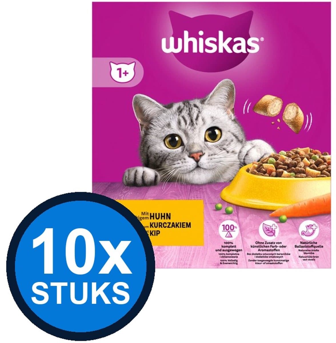 10x Whiskas - 1+ droog adult kip 800gr - Kattenvoer - 800 g