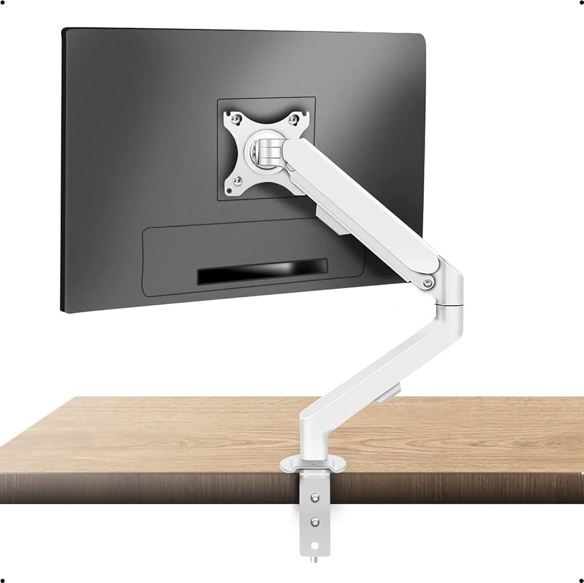 Witte Monitorarm voor LCD-schermen 17-34 inch – 360° draaibaar met VESA Bevestiging en Ruimtebesparend Design