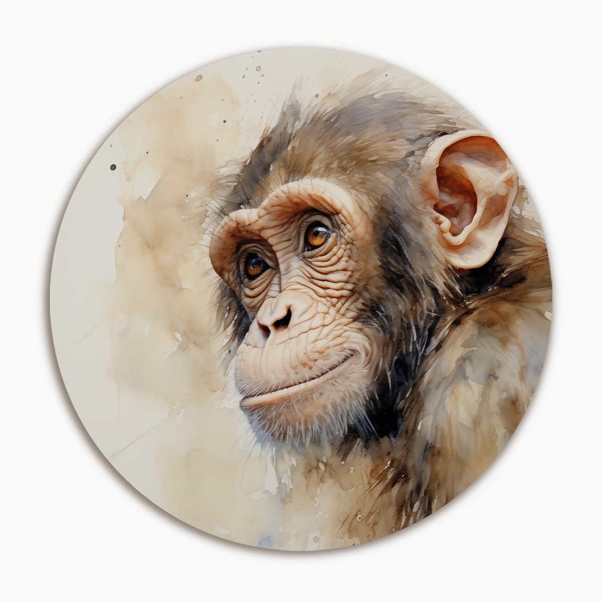 Aap portret in aquarel - Muurcirkel 120x120 cm - Wanddecoratie op Aluminium Dibond - Rond Wandpaneel