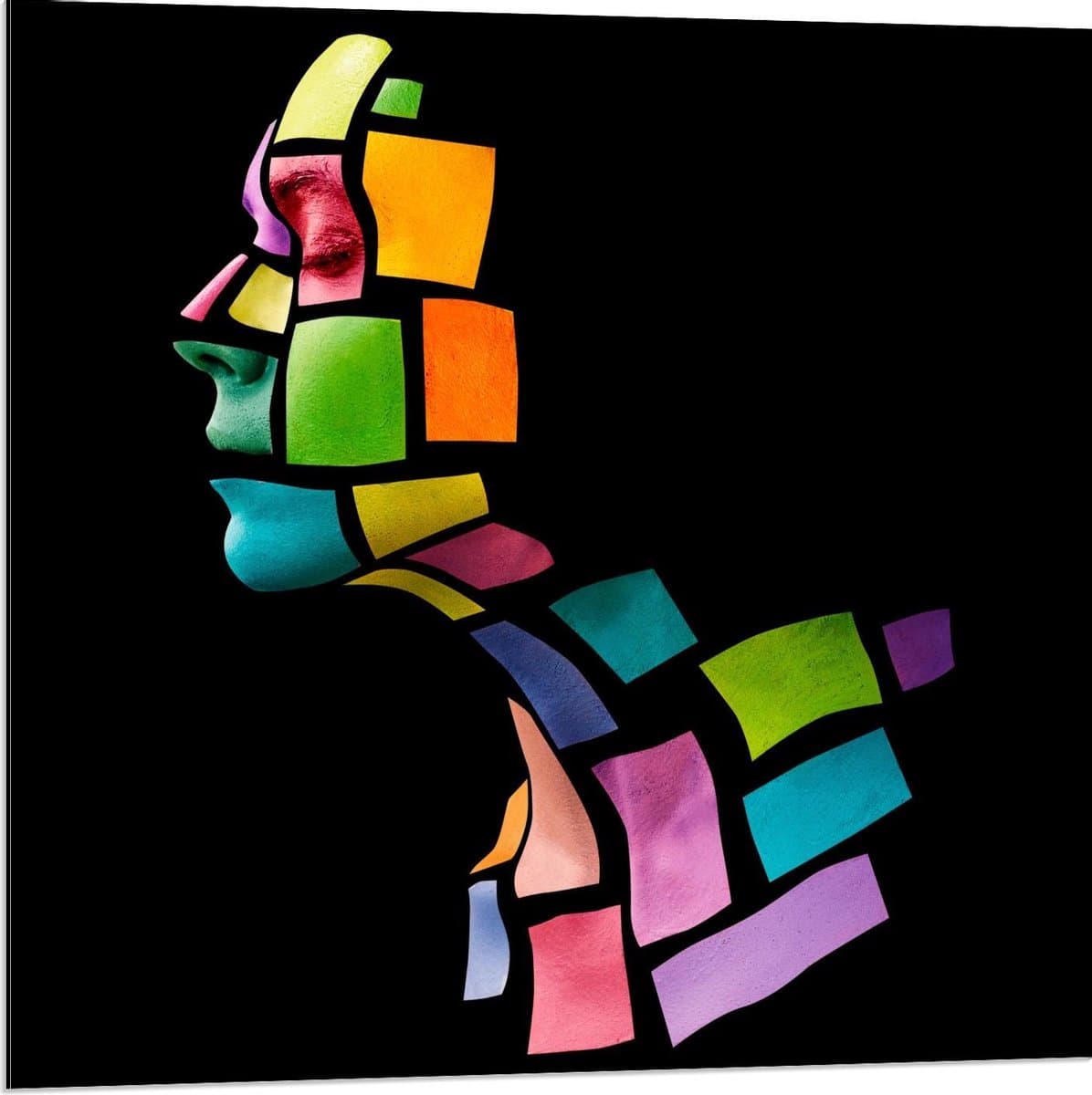 Dibond - Zijkant van Gezicht met Gekleurde Blokjes - 80x80cm Foto op Aluminium (Met Ophangsysteem)