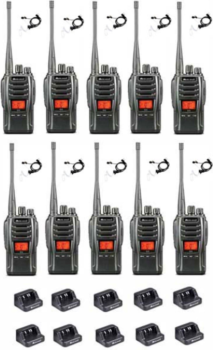 Set van 10 Midland G13 PRO UHF PMR446 / LPD69 robuuste professionele Portofoons met beveiliging oortje