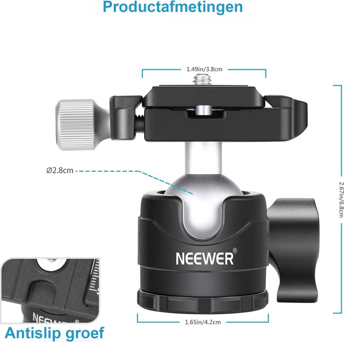8 mm Statief Balhoofd met Laag Profiel - 360° Panoramische Draaibaar - Met 1/4 inch Arca Type QR Plaat en Waterpas - Geschikt voor SLR Camera Statief Monopod - Maximale Belasting: 3 kg - X01NSK211