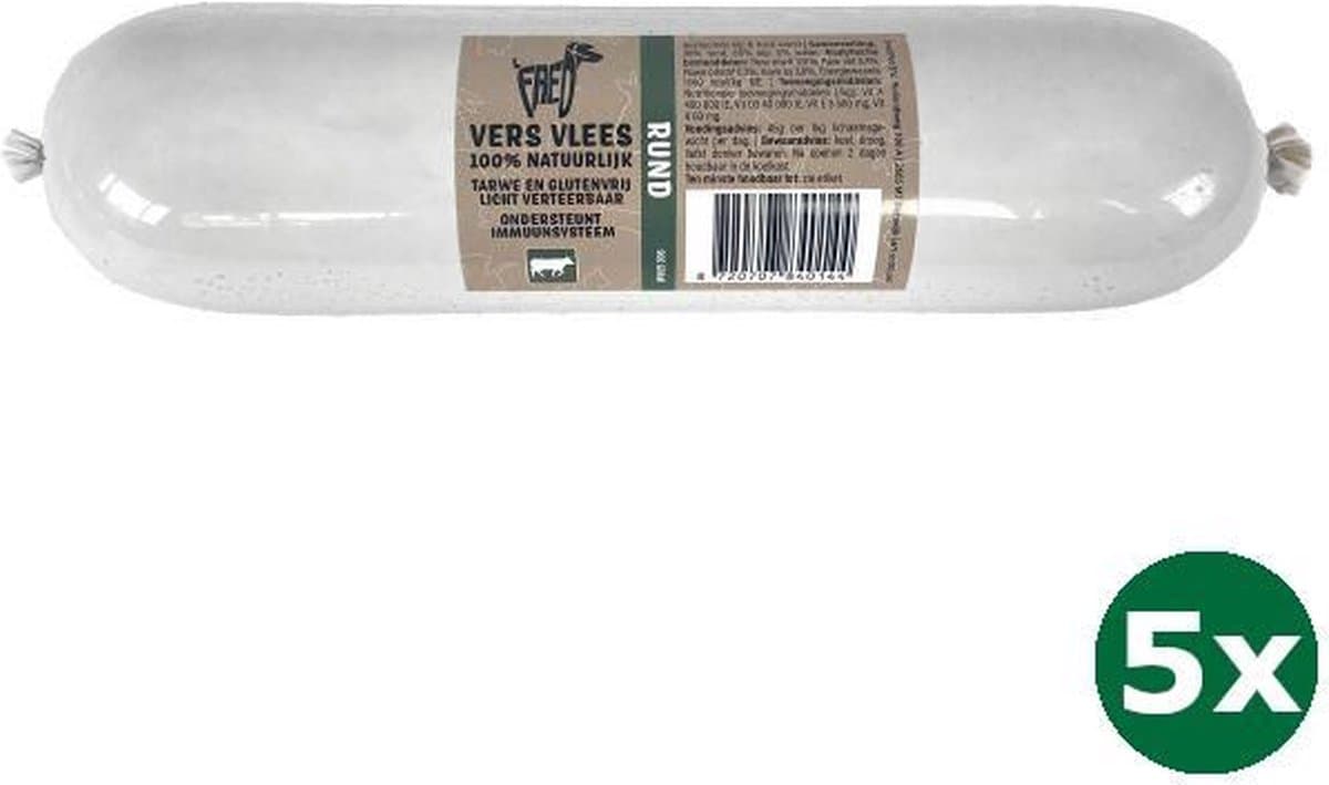 5x900 gr Freds gestoomd vers vlees worst rund tarwe en glutenvrij hondenvoer