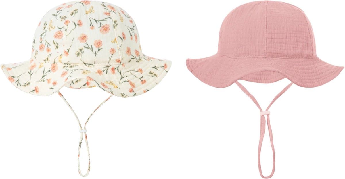 2 Stuks - Hydrofiele Baby Zonnehoedjes - Bloemetjes Roze - Maat 46 (3-12 mnd)