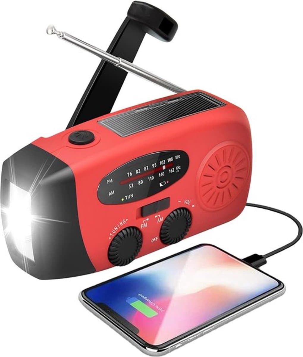 Noodradio - Radio - Rampen - Camping - Powerbank - Solar - Noodpakket - Zaklamp - Powerbank - Rood - solar powerbank