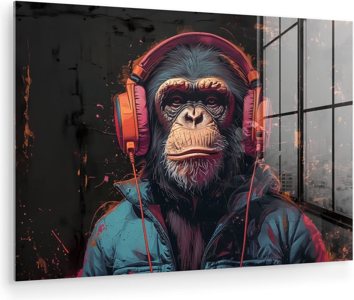 MuchoWow® Glasschilderij 60x40 cm - Schilderij acrylglas - Graffiti - Chimpansee - Koptelefoon - Aap - Foto op glas - Muurdecoratie woonkamer - Wanddecoratie slaapkamer - Schilderijen
