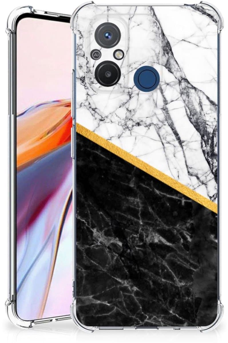 Xiaomi Redmi 12C Anti-Shock Hoesje Marmer Wit Zwart - Origineel Cadeau Man