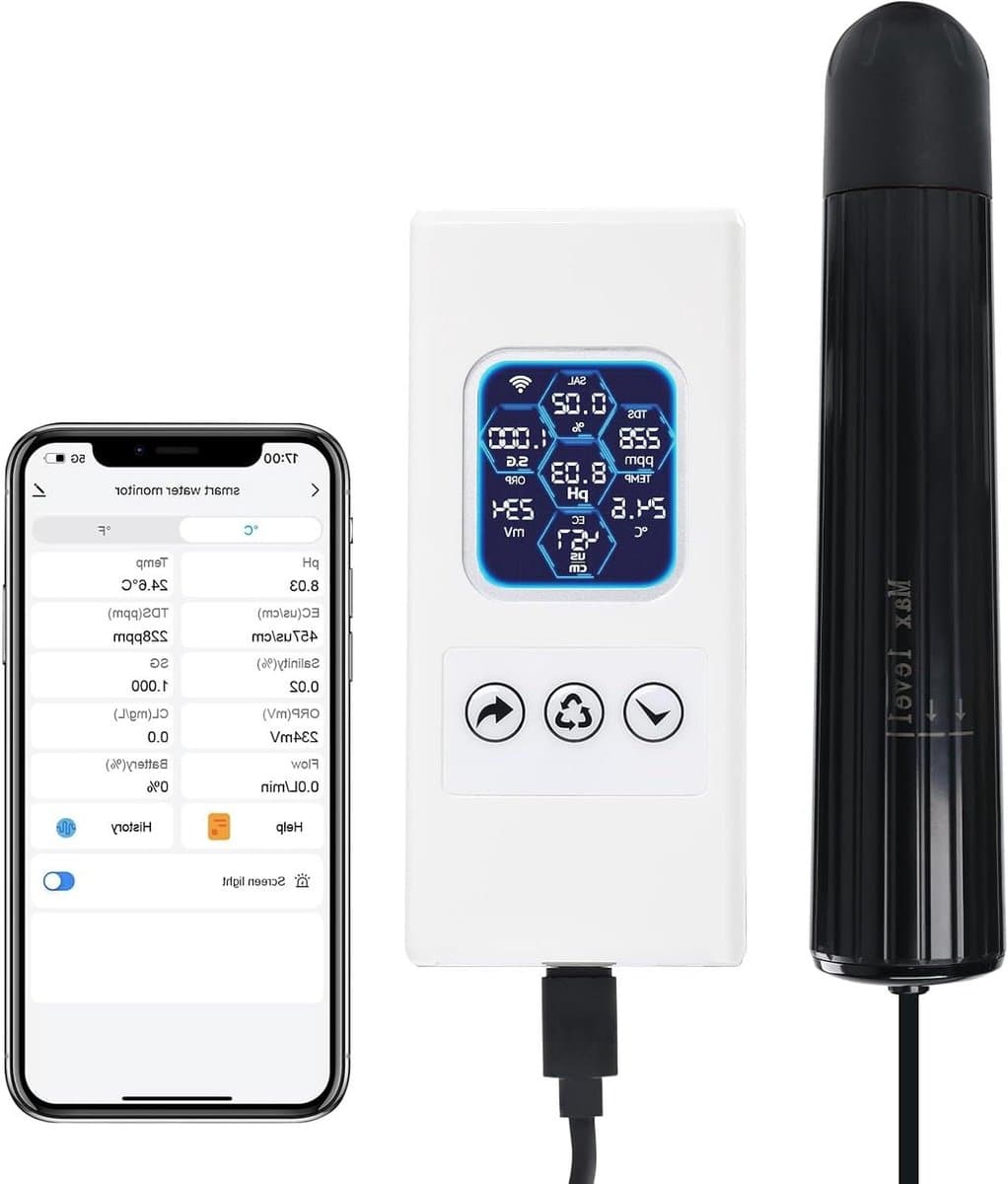 Aquarium Water Monitor - Waterkwaliteit Tester - Aquarium Gezondheid - 7-in-1 Metingen WiFi - ATC Kleurendisplay - Zwart