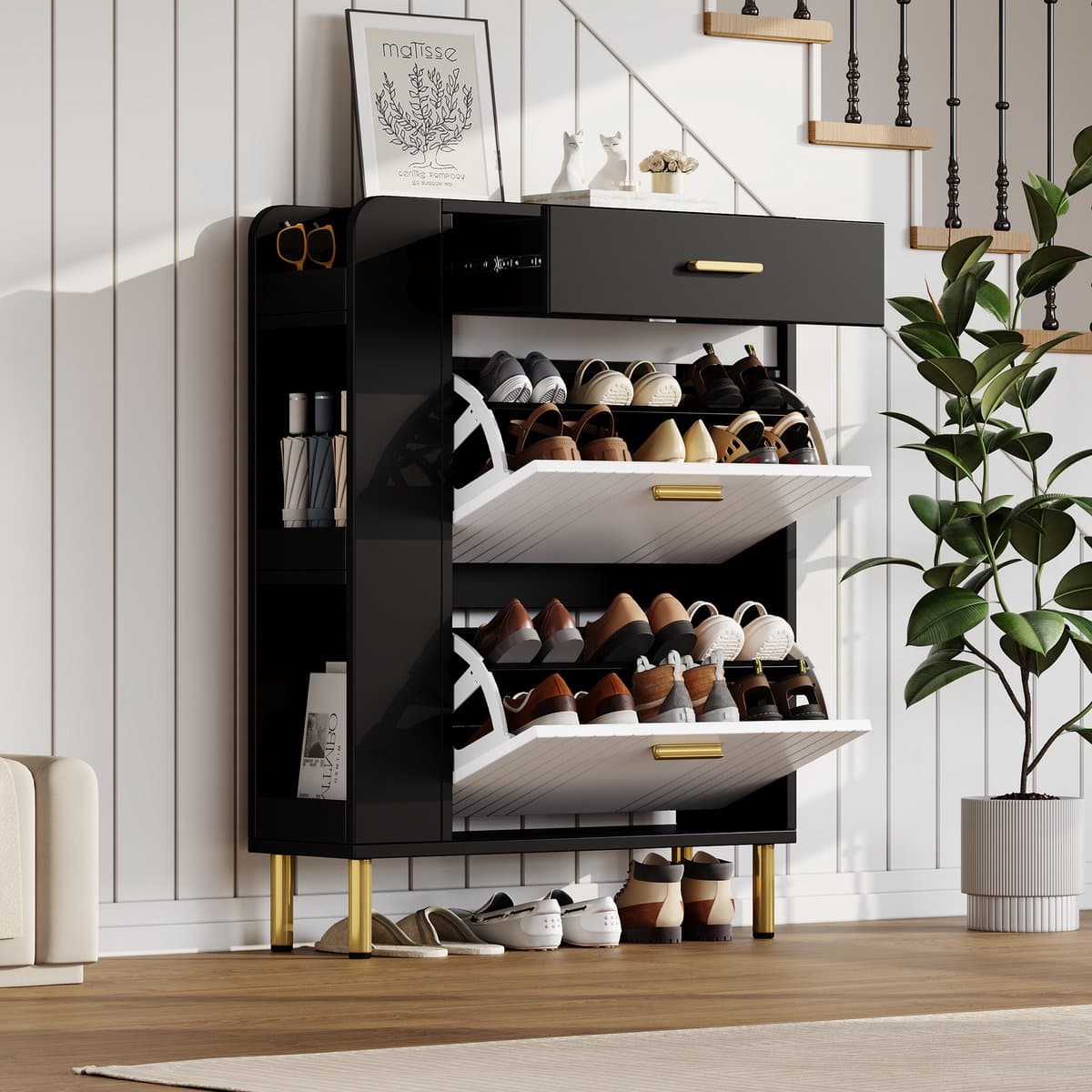 MIVRAY Schoenenkast - Smal Met 2 Kleppen, Lade En Open Vakken - Voor Hal En Entree - MDF En Spaanplaat - 80x24x105 Cm