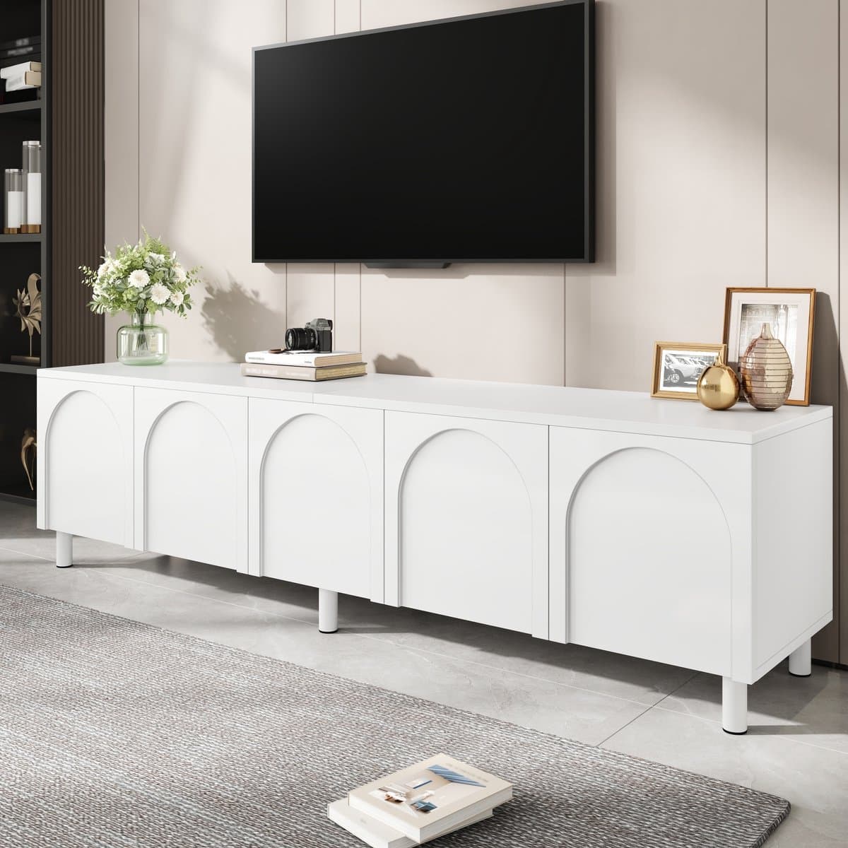 OKWISH Tv Meubel – 5 Deuren Met Kabeldoorvoer – Woonkamer Lowboard – MDF Wit – 180x38x45 cm