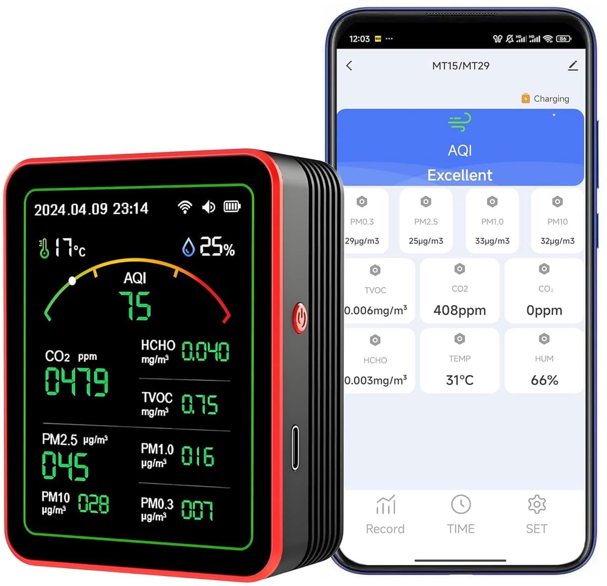 Luchtkwaliteitsmonitor - Luchtmeter - Binnenlucht Meten - 15-in-1 Detectie - 9x7x3.5 cm - Zwart