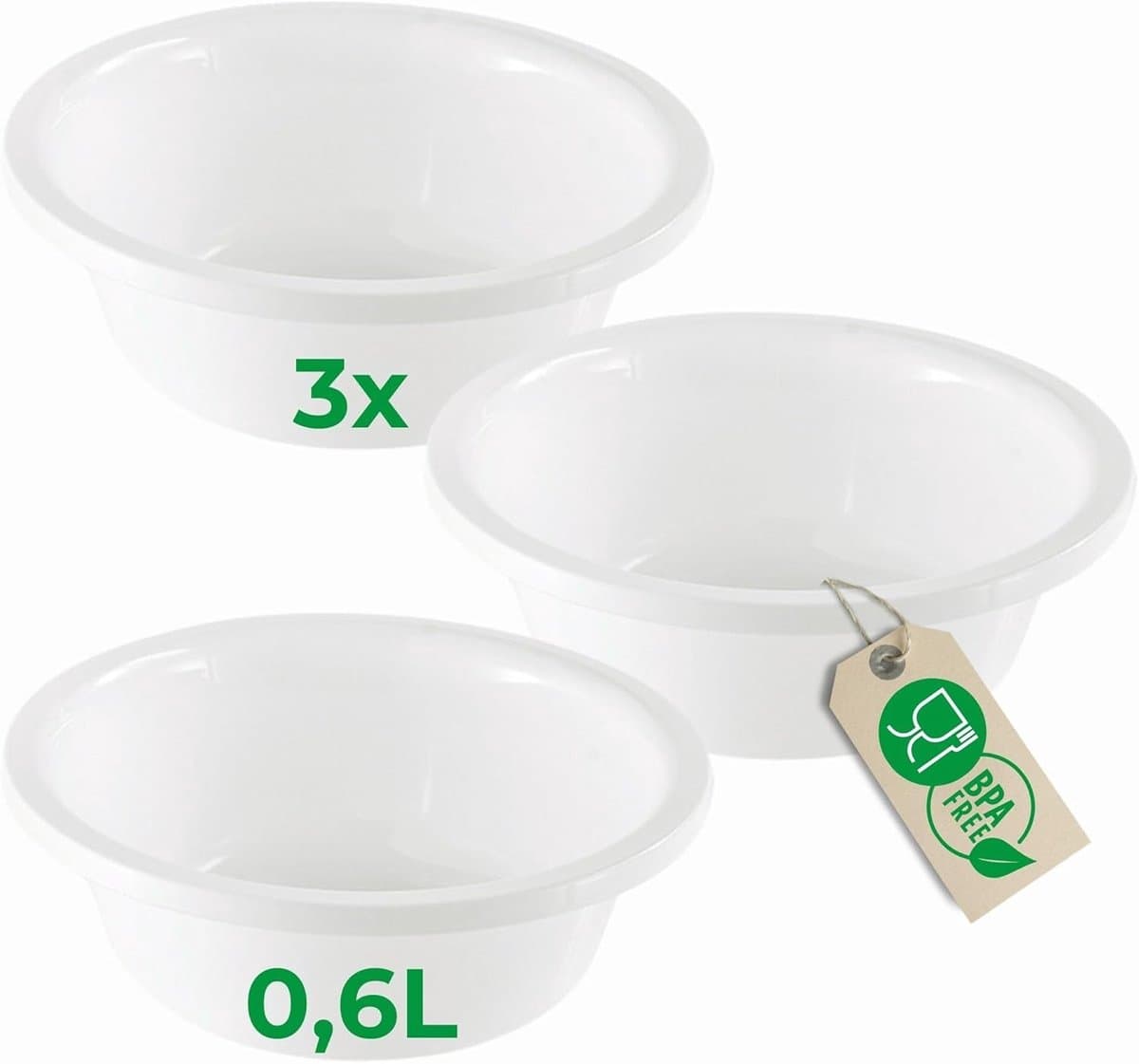 Novaliv 3x Afwaskommen Rond 0,6L, D16 cm, Wit, BPA-vrij, Vaatwasserbestendig, Ideaal voor keuken en camping, kleine ronde kom, kleine plastic kom, kleine waskom, plastic kom