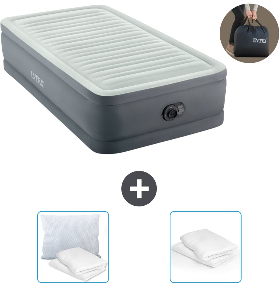 Intex Luchtbed - 1-Persoons - 99 x 191 x 46 cm - Grijs - Inclusief pomp - Kussen en Kussenbeschermer