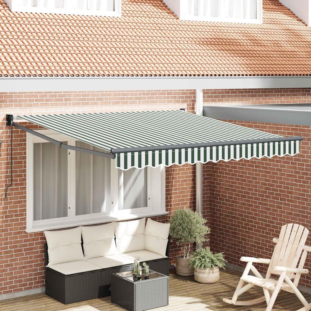 Luifel, groen, wit, 350 x 250 cm, handmatige terrasluifel met strepenpatroon, waterafstotende polyesterstof voor balkon en tuin