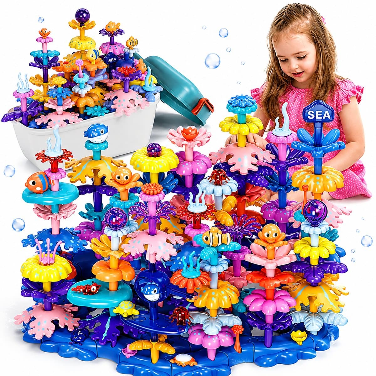 ZOSUDULL-Bloemen Speelgoed 136-delig – Montessori Speelgoed en STEM Bouwset vanaf 3 Jaar – Modulair Koraalrif met Zeedieren, 18 Bodemplaten en Stevige Opbergkoffer – ABS