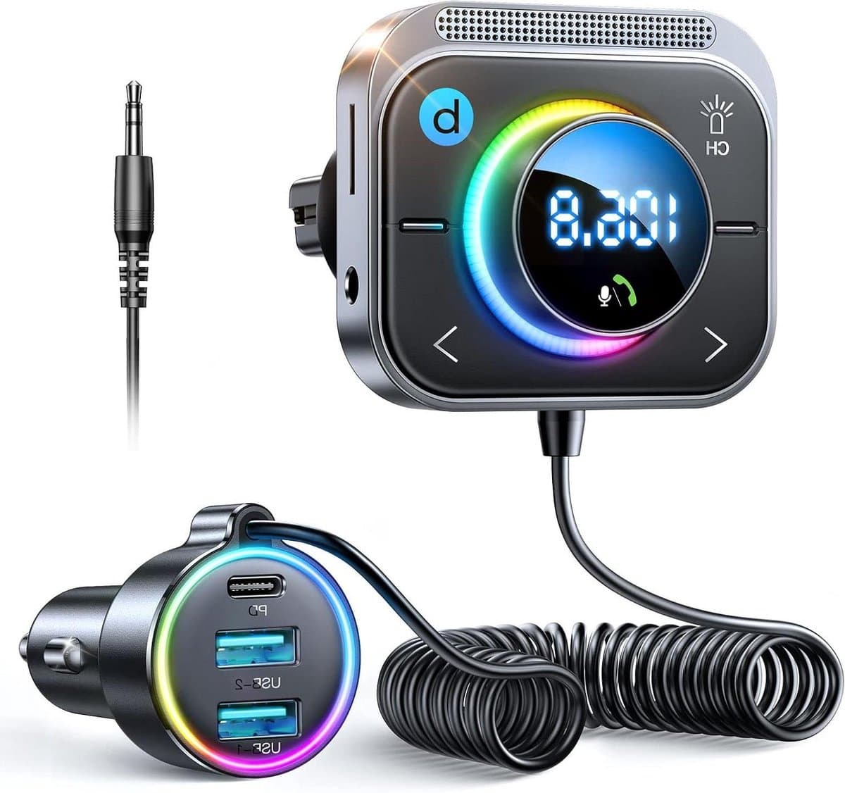 FM-zender auto - Bluetooth adapter - Muziek luisteren - 30W PD snelladen - 3 poorten - Zwart
