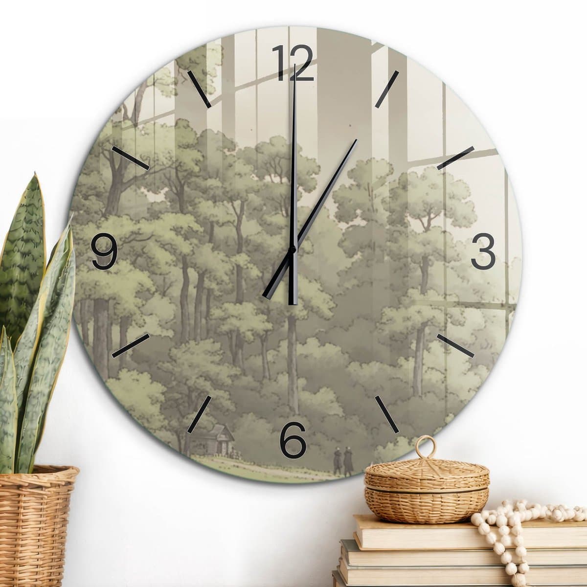 ArtPrintCave Groene Glazen Klok - Wandklok 60 cm - Muurklok Rond - Boslandschap Unieke Klok - Landschappen Stille Wandklok - Zwarte Klokwijzers