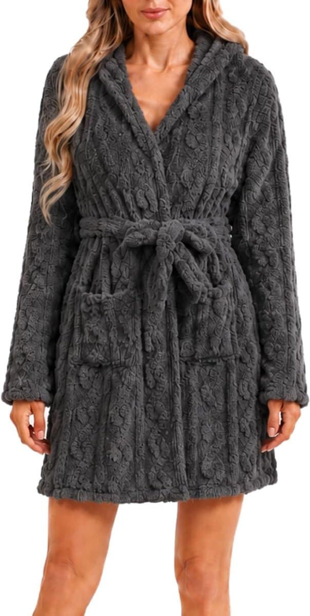 Badjas voor dames, fleece, met capuchon, herfst en winter