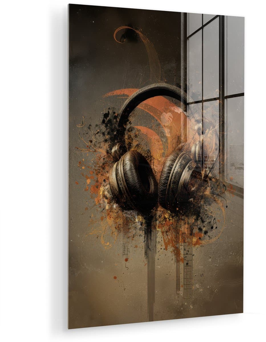 MuchoWow® Glasschilderij 40x60 cm - Schilderij acrylglas - Koptelefoon - Bruin - Verf - Vintage - Foto op glas - Muurdecoratie woonkamer - Wanddecoratie slaapkamer - Schilderijen