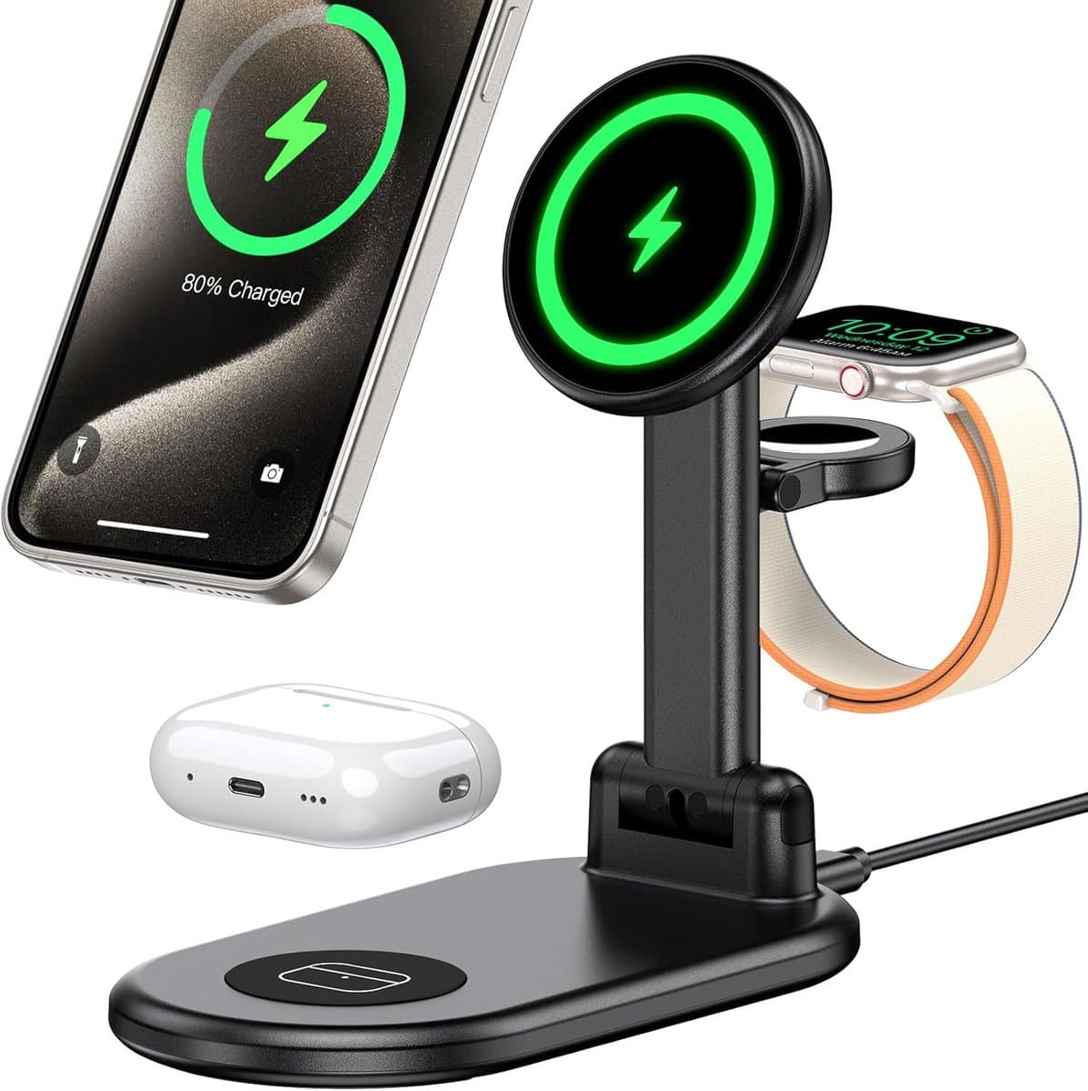 3-in-1 Opvouwbaar Draadloos Oplaadstation voor Telefoon, Horloge en Oortjes