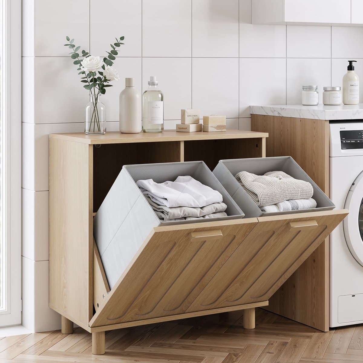 PHOEBE CAT Wasmand - Uitneembare binnenbak - Badkameropbergkast - Eikenkleur
