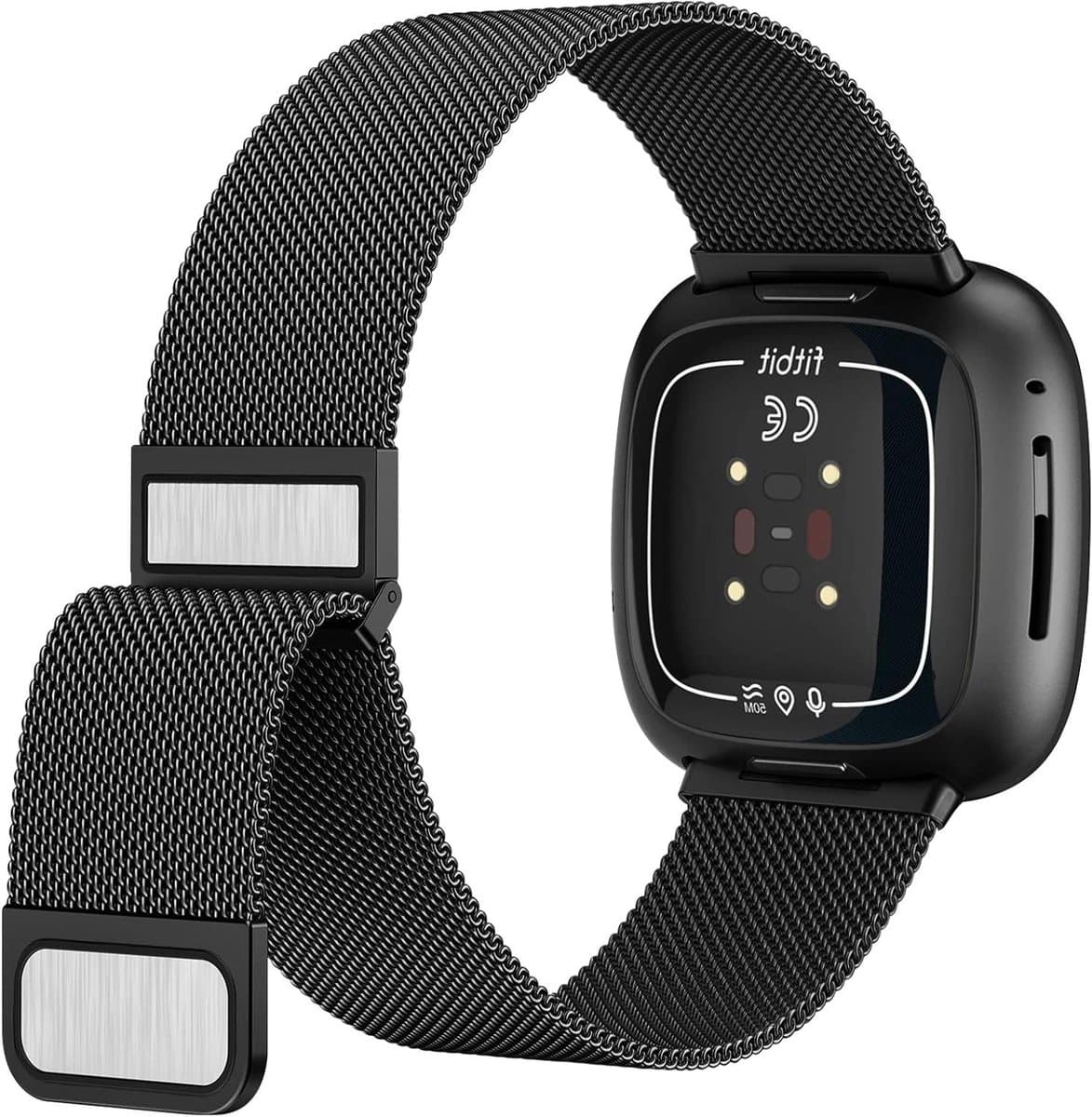 Cosensi - Mesh armband voor Fitbit Versa 3 en Sense - Roestvrij staal - Magneetsluiting - Dames en heren - Reserve horlogeband.