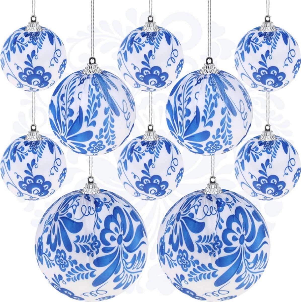 Blauwe En Witte Kerstballen Set – 10 Stuks – Handgemaakte Stoffen Ornamenten – Onbreekbare Kerstdecoratie – Chinoiserie Stijl – Kerstboom En Feest Versiering
