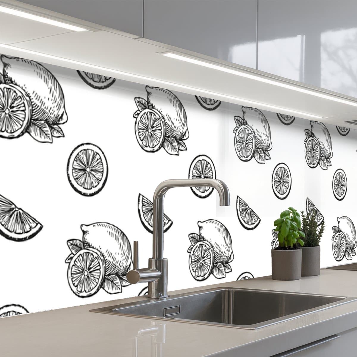 Keuken achterwand 300x60 cm - Spatscherm zelfklevend Citroenen - Zwart - Wit - Patroon - Muurbeschermer - Spatwand fornuis