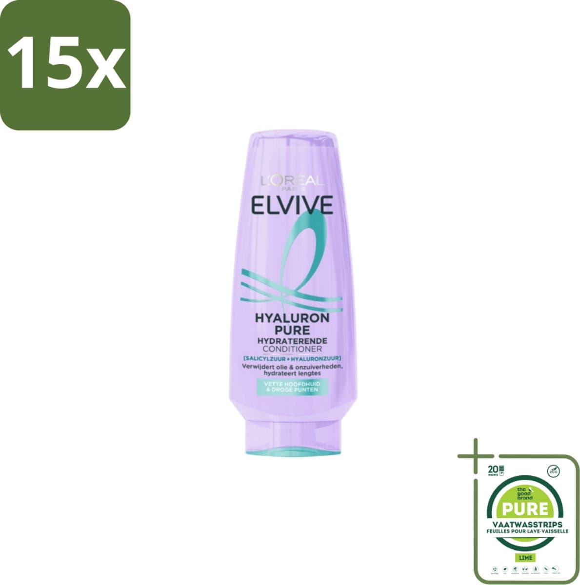 15 x L'Oréal Elvive Hyaluron Pure Conditioner 200 ml - Grootverpakking - Hydraat - Zuiveren - Haarverzorging - Vet Haar - Droge Punten