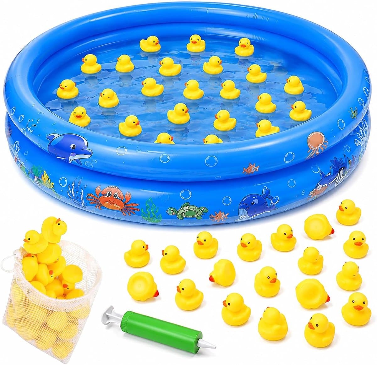 25 stuks mini-kinderbadjes met piepende eend en luchtpomp, 90 x 20 cm, kinderbadje, opblaasbaar zwembad, 2 ringen - ShopVlot
