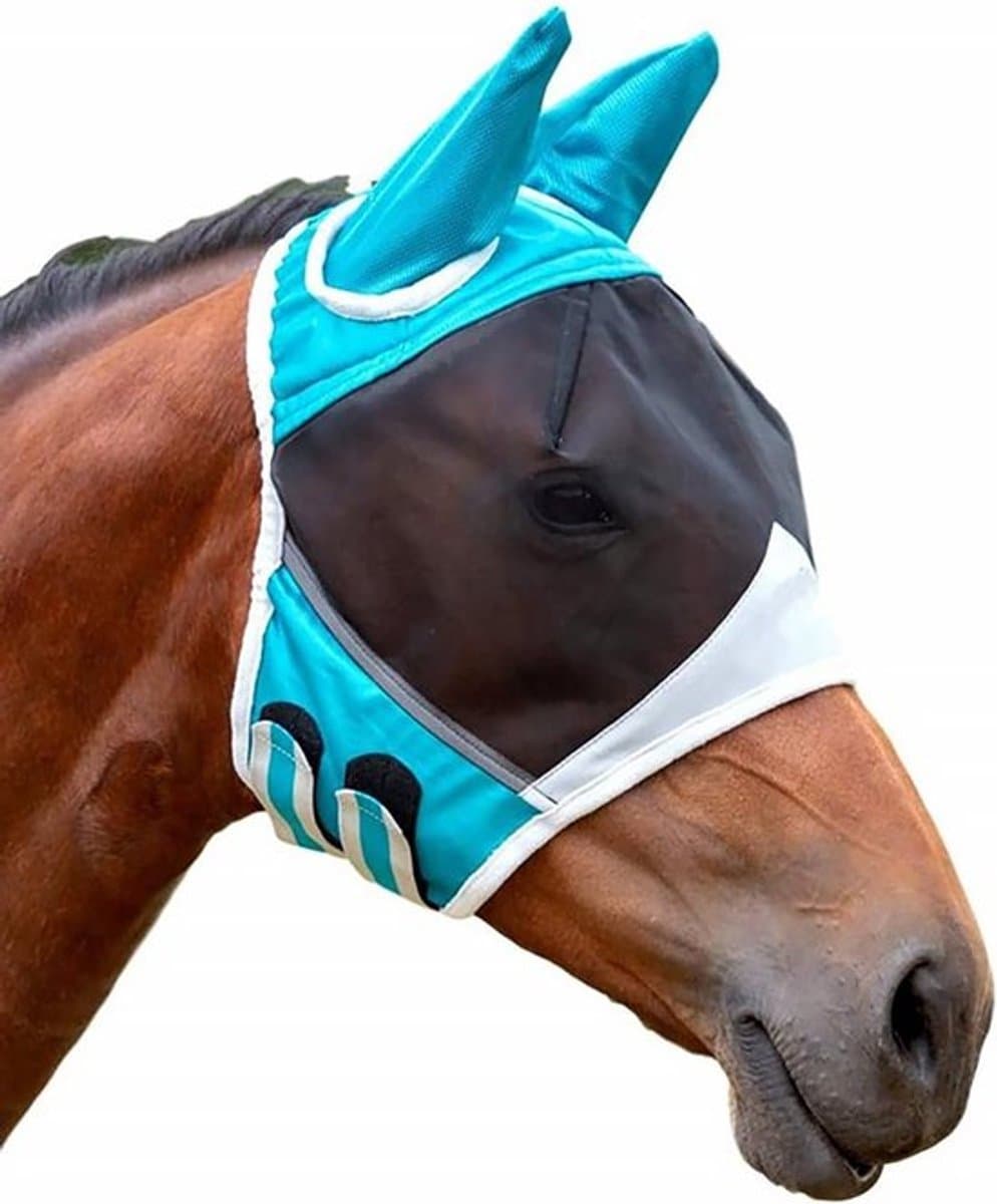 Ademende Vliegendeken voor Paarden met Oortjes - Anti-Muggen Bescherming in Blauw en Wit, Maat L