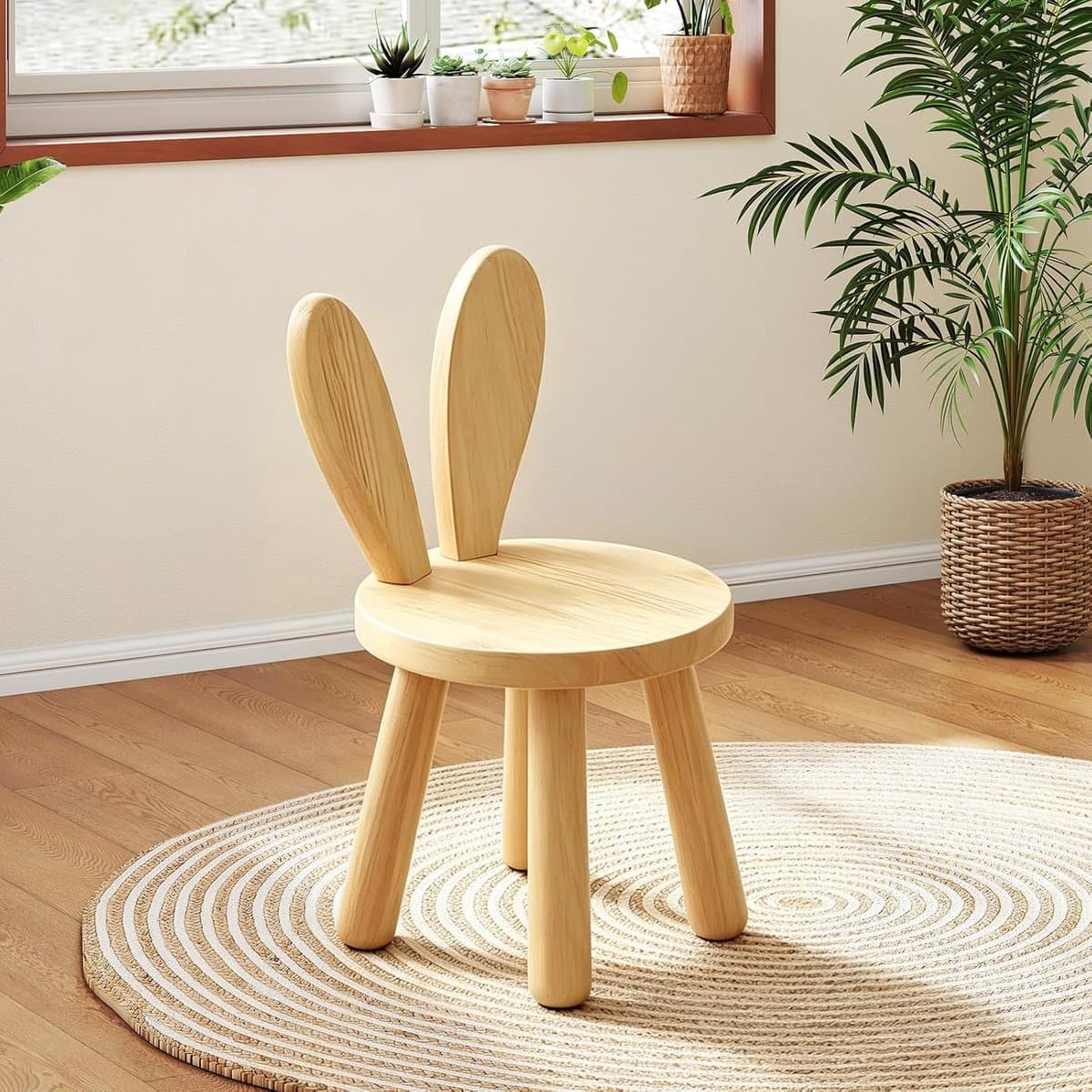 SnelShoppen - Kinderstoel Massief Hout met Konijnenoren Rugleuning, 45 cm Hoog, Antislip Rubber Voetjes, Perfect voor Kinderen vanaf 3 Jaar, Compact v