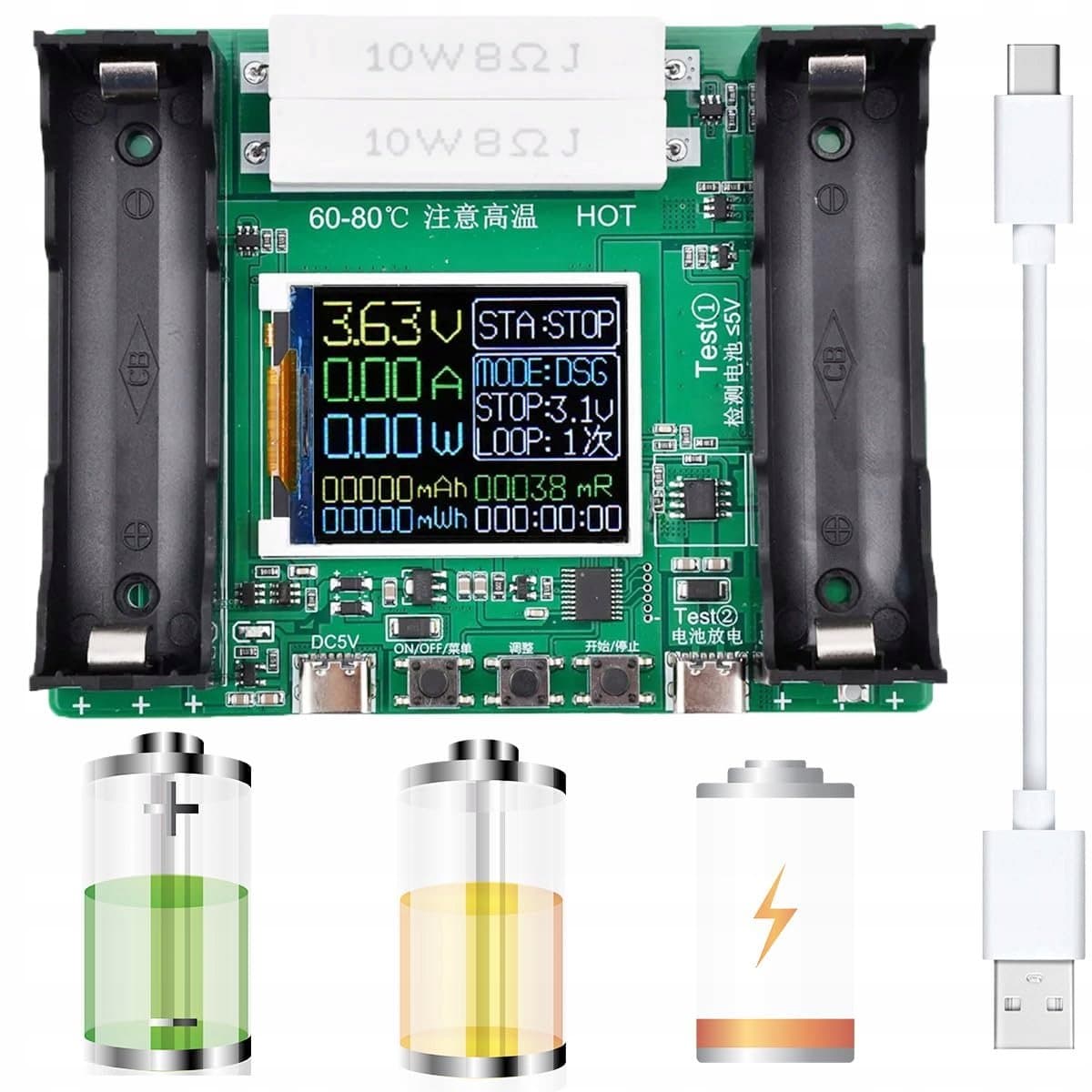 Rosfix Batterijtester 18650 - Capaciteits en Weerstandstester - USB-C, 0-99999mAh, 1A