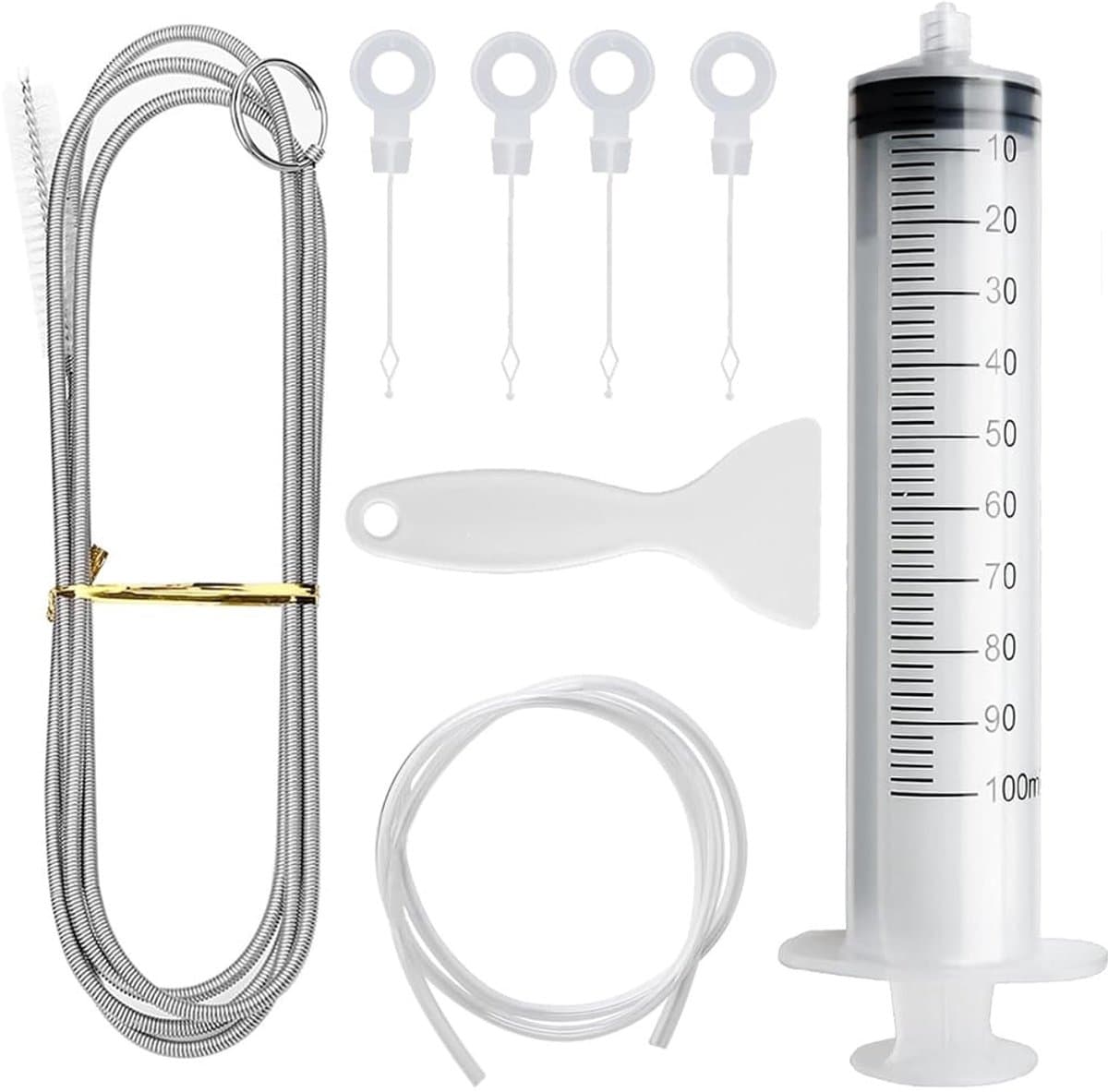 Dailygoods- Reinigingsset 8-delig - Borstel voor Koelkast - Spuit 100 ml - Slang voor Reinigen - IJskrabber - Afvoergat-inzetstukken - Koelkastreiniger