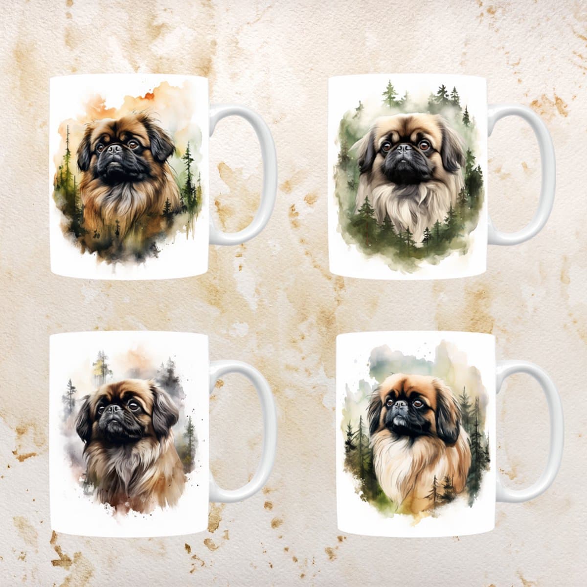 Pekinees mokken set van 4, servies voor hondenliefhebbers, hond, thee mok, beker, koffietas, koffie, cadeau, moeder, oma, pasen decoratie, kerst, verjaardag