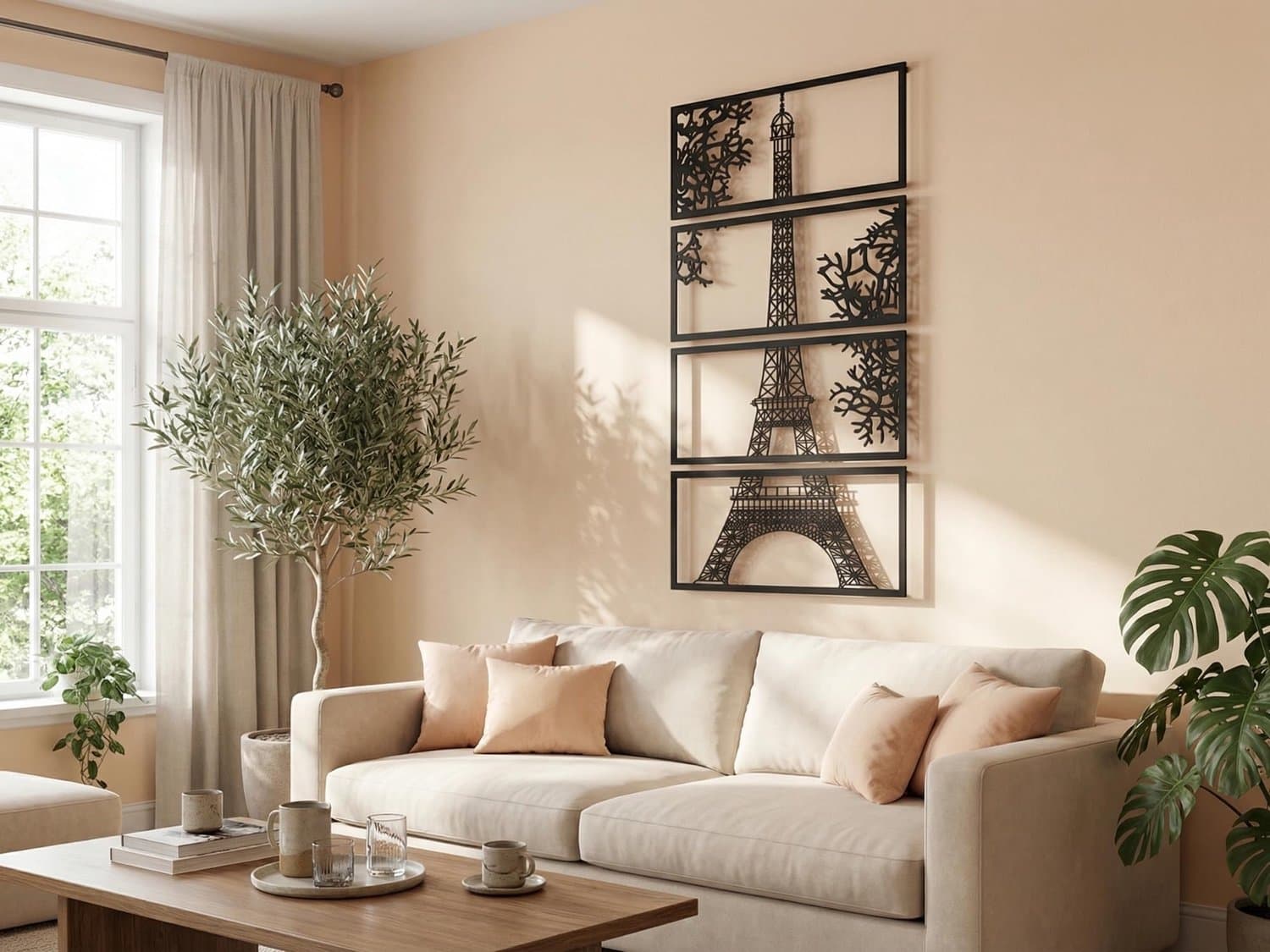 VAILLA 4-Delige Eiffeltoren Parijs Wanddecoratie Hout 3D – Zwarte Muurdecoratie Woonkamer – 77 x 140 cm