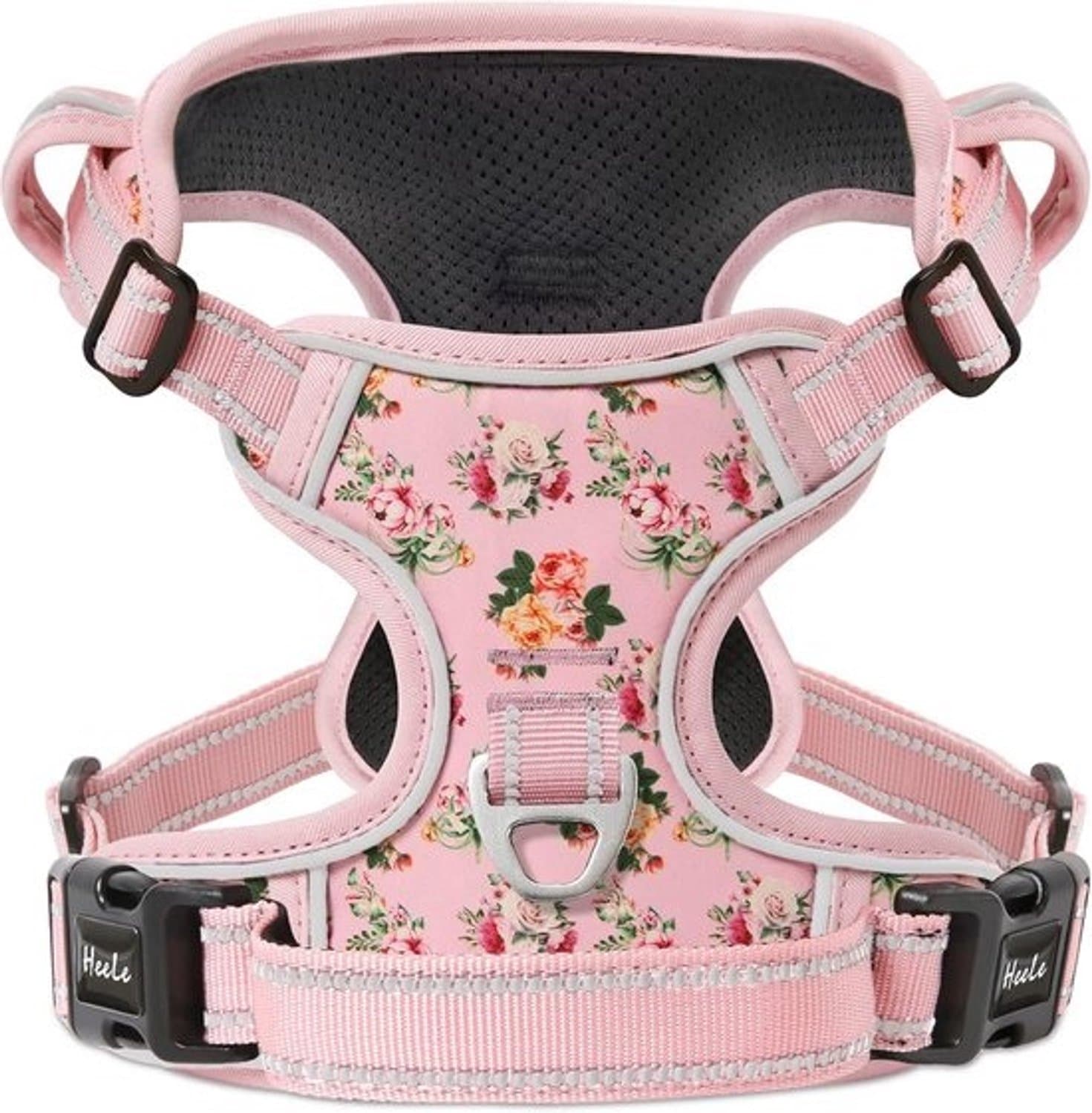 Hondenharnas voor Kleine Honden - Verstelbaar anti-trektuig met handvat en reflecterende accenten - Roze bloemen - voor wandelen en buitentraining