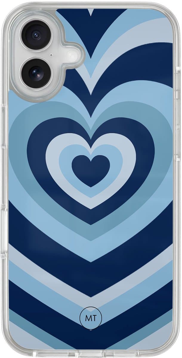 Hybride hoesje geschikt voor iPhone 16 - Hart blauw - Extra bescherming - Luxe beschermhoes - TPU case - Transparant, Zwart - Mooie Telefoonhoesjes