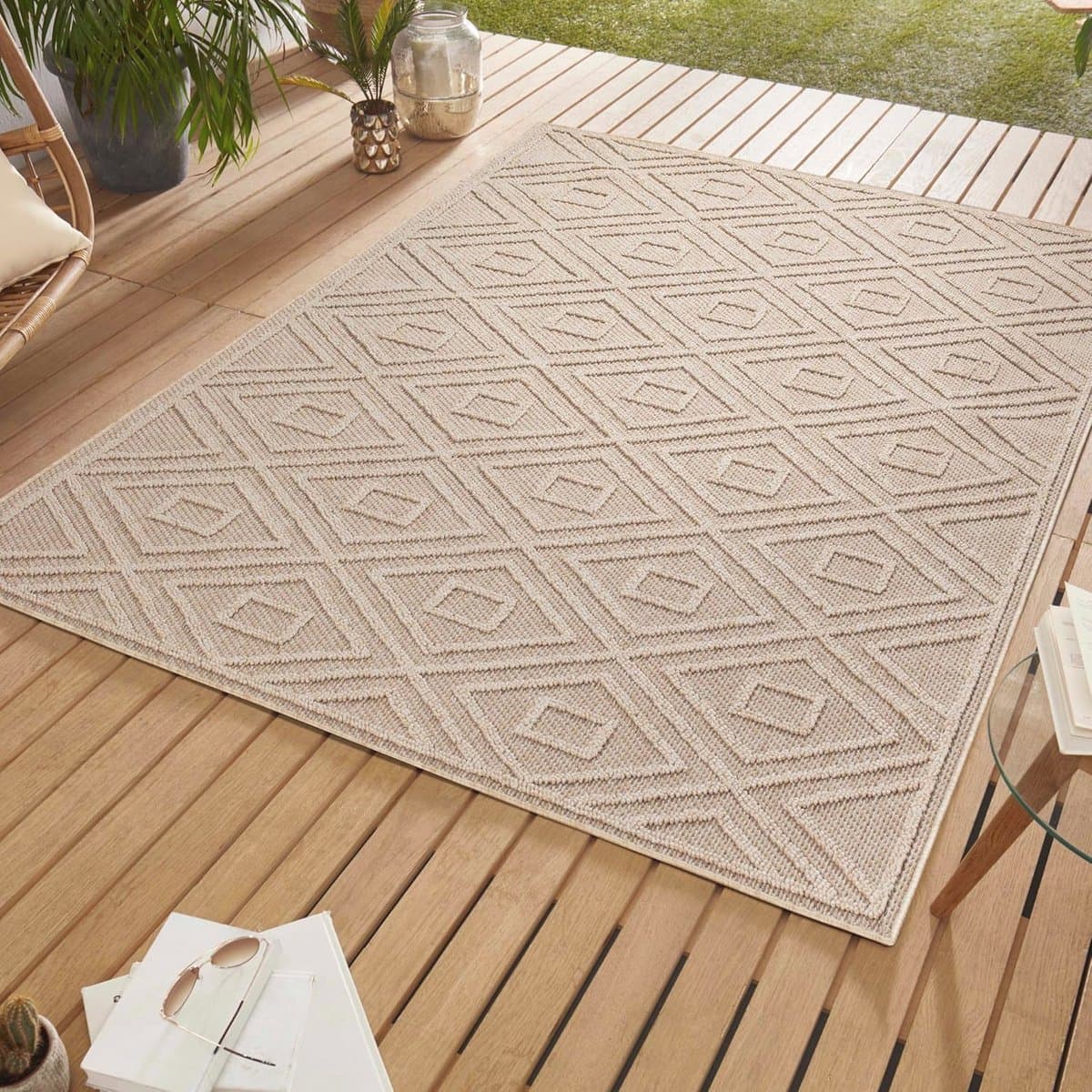 Scandinavisch Vloerkleed voor Buiten, Beige Diamant Ontwerp, 160 x 230 cm - Perfect voor Tuin, Balkon en Keuken