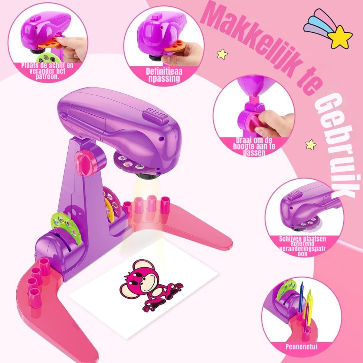 RVV® Tekenprojector Kinderen - Tekenprojector - Kinder Tekenprojector - met Accessoires - Roze en Paars- 17cm x 12cm x 24cm