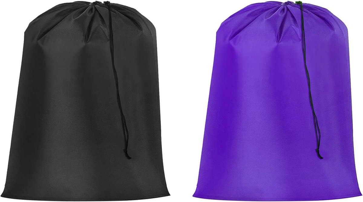 VVGoods - Waszakken met treksluiting voor vuile was, 68 x 56 cm, wasmand met handvat voor reizen en kamperen, paars/zwart, 2 stuks.