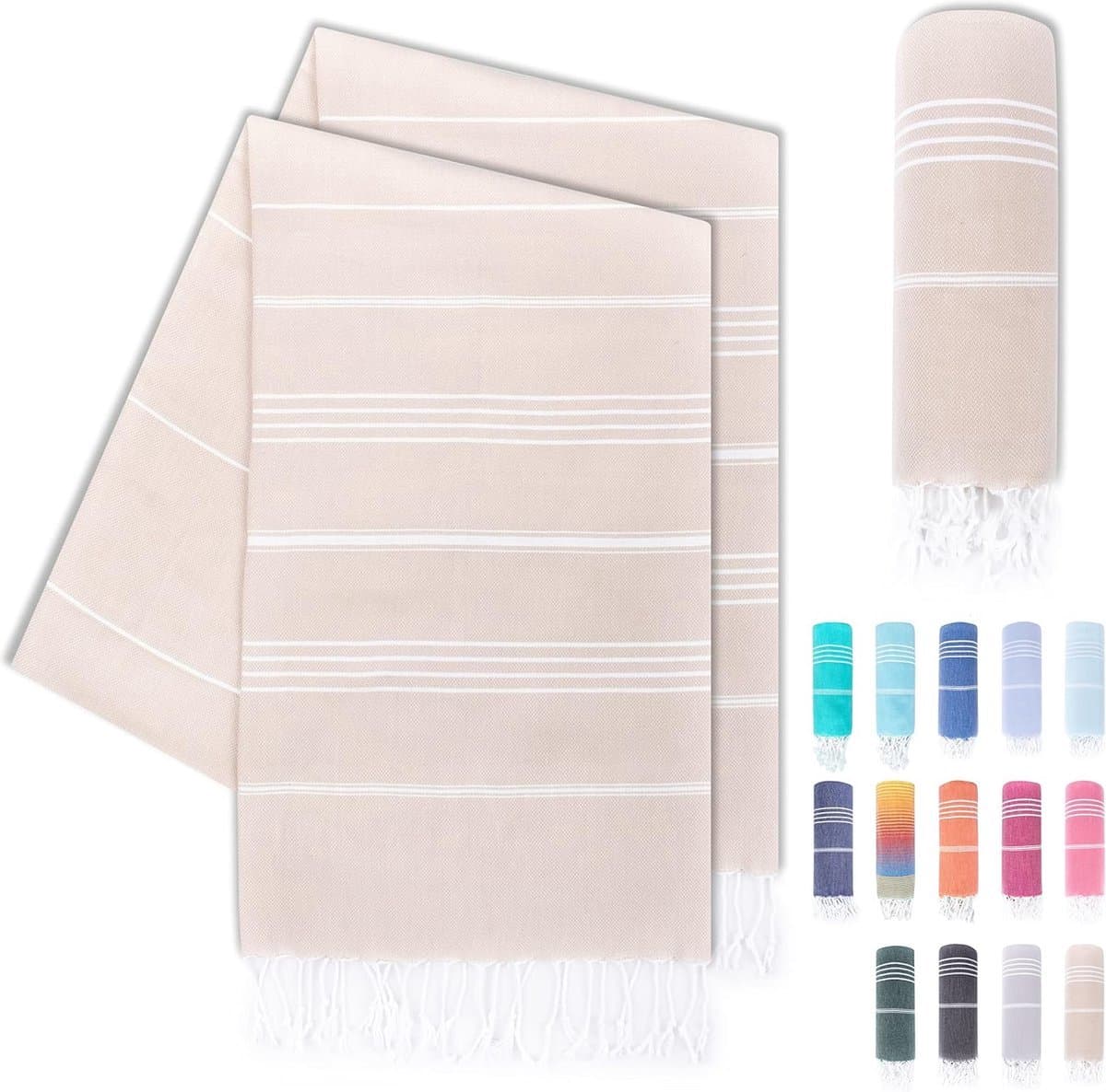 Stunq® Set van 2 premium hamamdoeken met handgeknoopte franjes, 100% katoen, XXL strandhanddoek, 100 x 200 cm, Oeko-TEX 100, groot strandhanddoek, saunahanddoek en reishanddoek (beige)