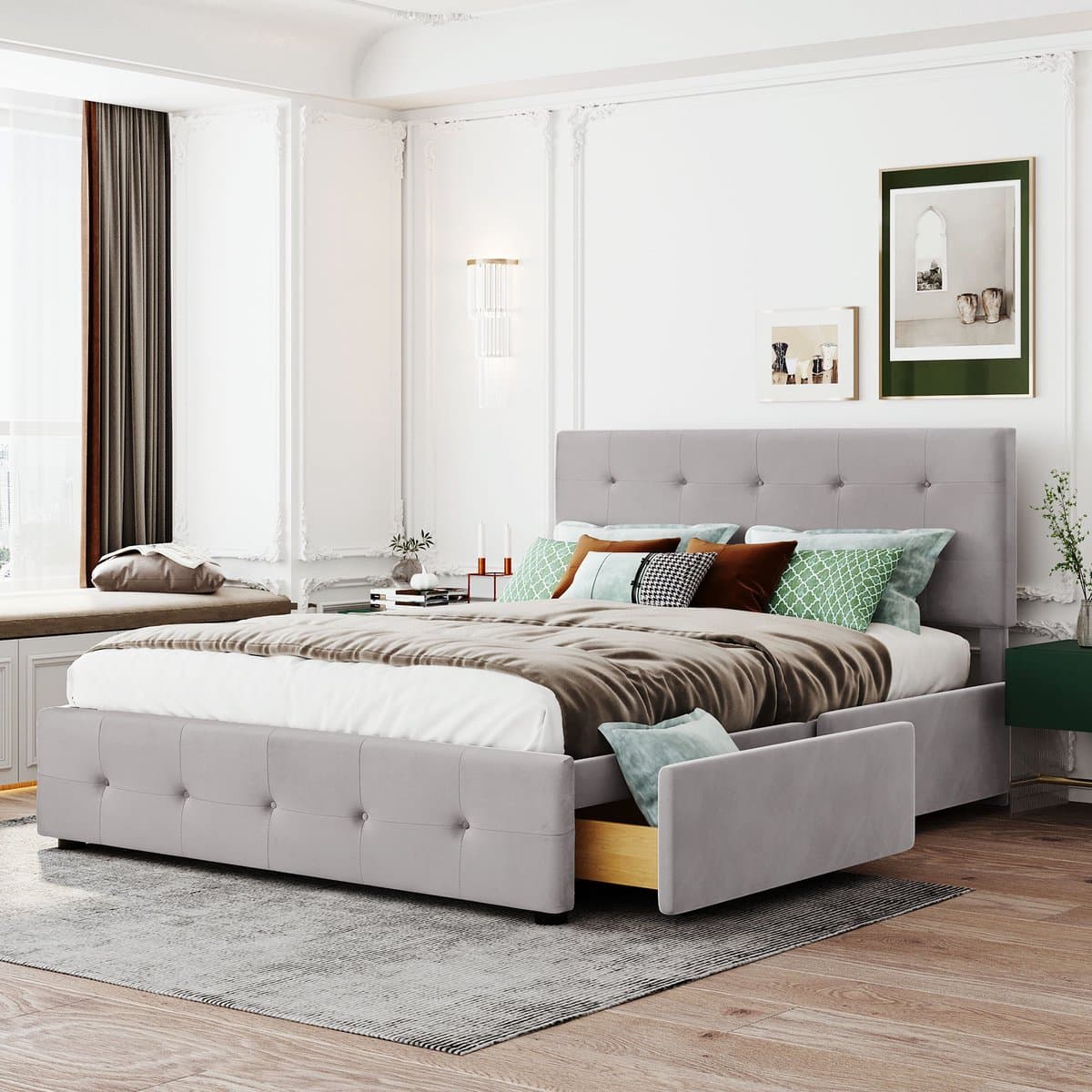 REDOM Bedframe 140x200 cm – Fluweel grijs – Klassiek ontwerp – Met 4 opbergladen – Tijdloos