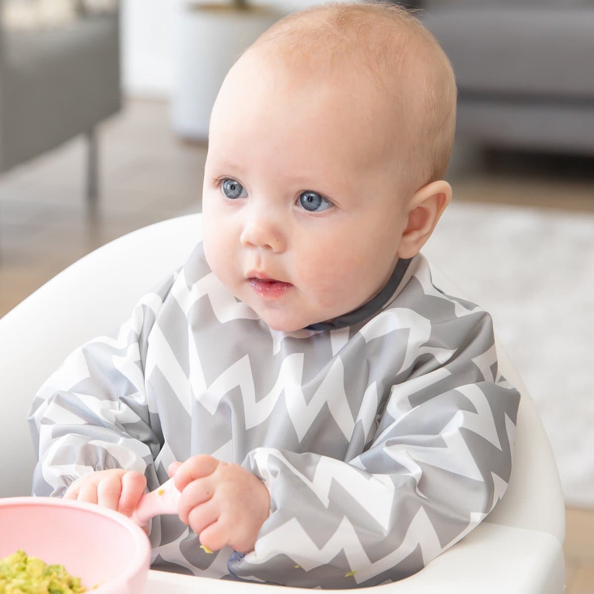 Bumkins - Sleeved Bib Baby Mouwslab – Waterdichte Knoeislab met Mouwen en Opvangbakje – Comfortabele Wasbare Peuterslab – 6 tot 24 maanden – Grey Chevron